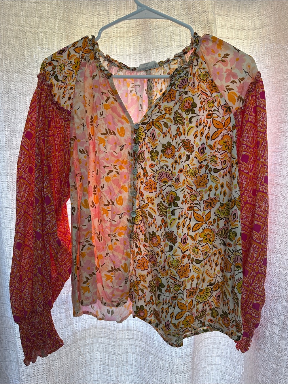 mittoshop Multi-Print Boho Peasant Blouse - Pink & Orange